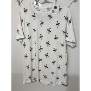 Denim & Flower Button Down Shirt Flamingo Surfboard Print White Casual XL NWT